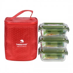 Bộ 3 Hộp Thủy Tinh Hình Chữ Nhật 370ml Kèm Túi Giữ Nhiệt Happy Cook Glass HCG-03RX