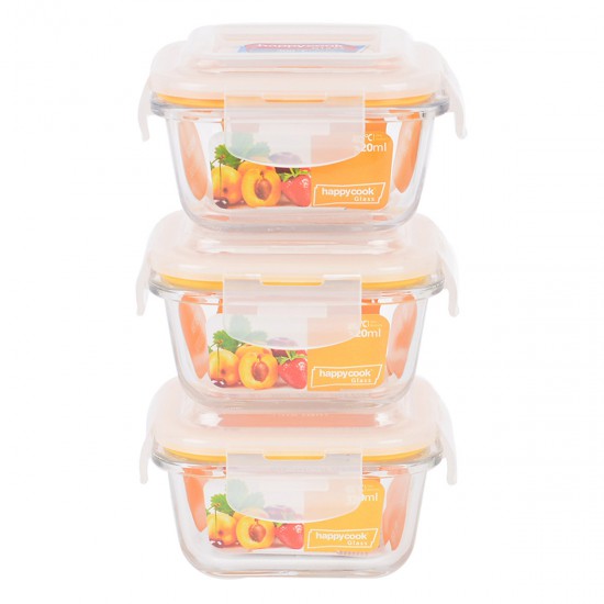 Bộ 3 Hộp Thủy Tinh Tròn 320ml Kèm Túi Giữ Nhiệt Happy Cook Glass HCG-03S1