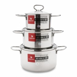 Bộ Nồi Inox 304 Cao Cấp 3 Đáy Nắp Kính Happy Cook Delux HC06DLG