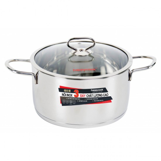 Nồi Inox Cao Cấp 3 Đáy Nắp Kính 20cm Happy Cook Delux Plus N20-DLGP
